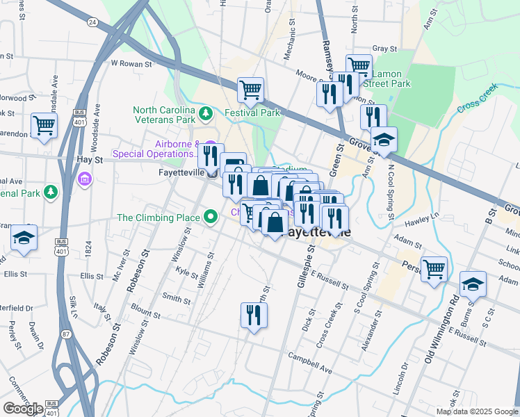 map of restaurants, bars, coffee shops, grocery stores, and more near 325 Hay Street in Fayetteville
