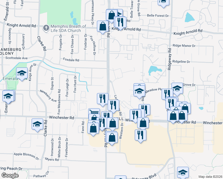 map of restaurants, bars, coffee shops, grocery stores, and more near 3483 Lichterman Road in Memphis
