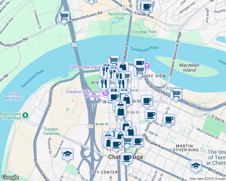 map of restaurants, bars, coffee shops, grocery stores, and more near 215 Broad Street in Chattanooga