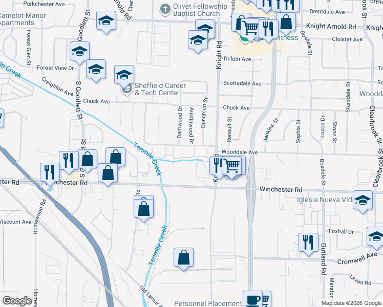 map of restaurants, bars, coffee shops, grocery stores, and more near 4500 Water Tree Drive in Memphis