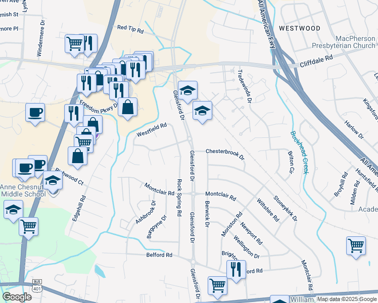 map of restaurants, bars, coffee shops, grocery stores, and more near 580 Glensford Drive in Fayetteville