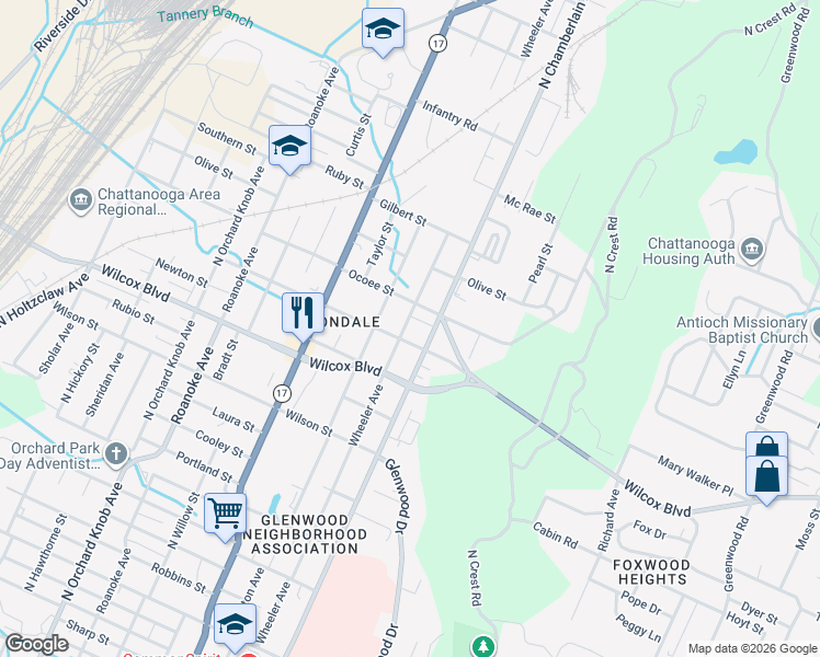 map of restaurants, bars, coffee shops, grocery stores, and more near 1603 Wheeler Avenue in Chattanooga
