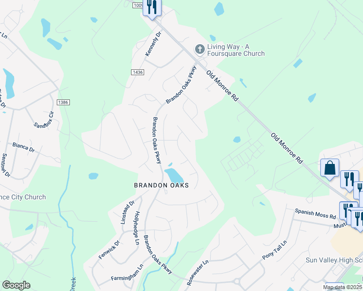 map of restaurants, bars, coffee shops, grocery stores, and more near 3807 Waters Reach Lane in Indian Trail