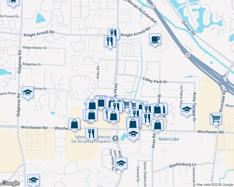 map of restaurants, bars, coffee shops, grocery stores, and more near 3486 Kirby Parkway in Memphis
