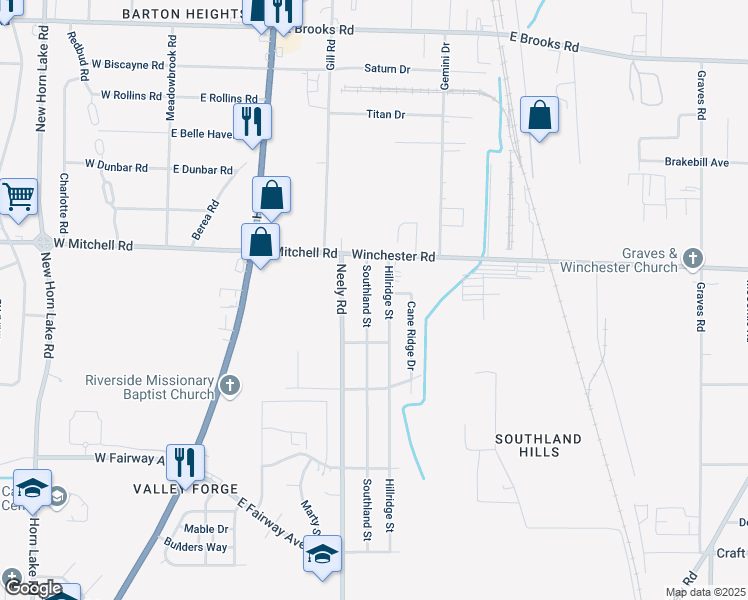 map of restaurants, bars, coffee shops, grocery stores, and more near 3483 Southland Street in Memphis