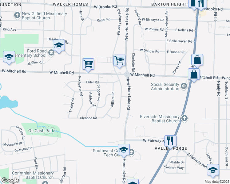 map of restaurants, bars, coffee shops, grocery stores, and more near 3488 Millard Road in Memphis