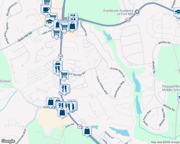 map of restaurants, bars, coffee shops, grocery stores, and more near 3908 Caliper Place in Fort Mill