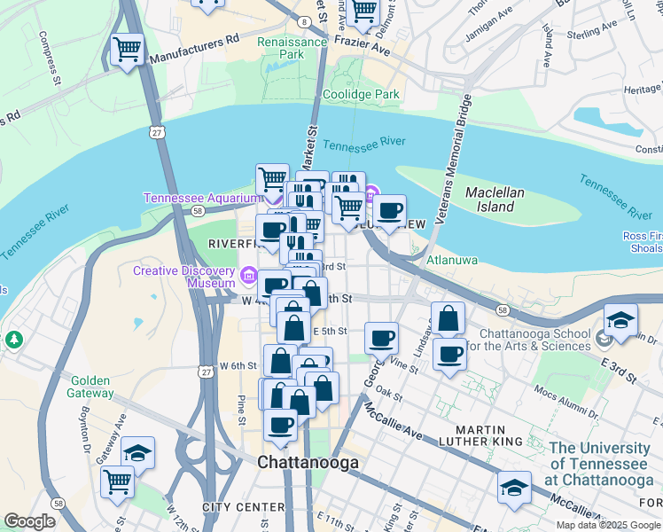 map of restaurants, bars, coffee shops, grocery stores, and more near 135 East 3rd Street in Chattanooga