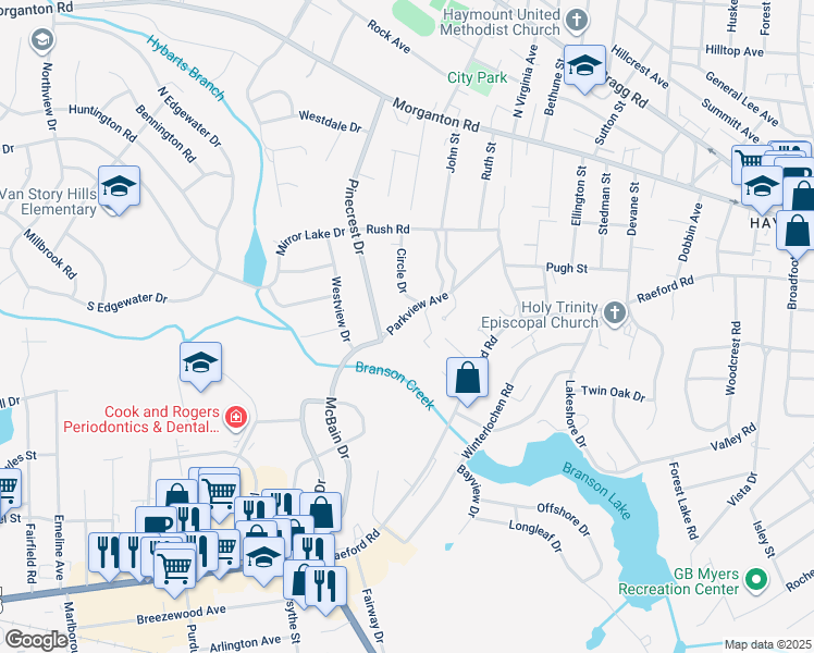 map of restaurants, bars, coffee shops, grocery stores, and more near 315 Parkview Avenue in Fayetteville