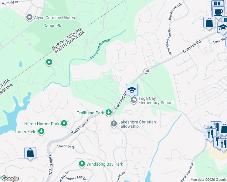 map of restaurants, bars, coffee shops, grocery stores, and more near 2178 Tega Cay Drive in Tega Cay
