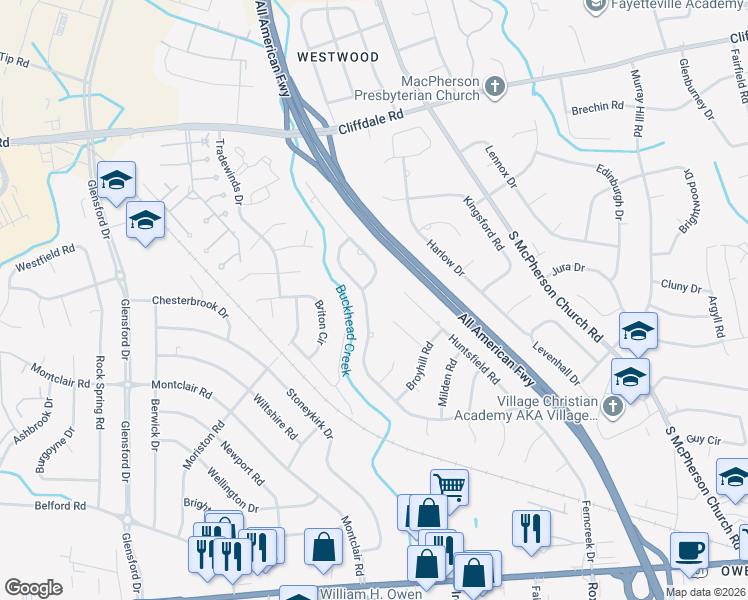 map of restaurants, bars, coffee shops, grocery stores, and more near 4376 Ferncreek Drive in Fayetteville