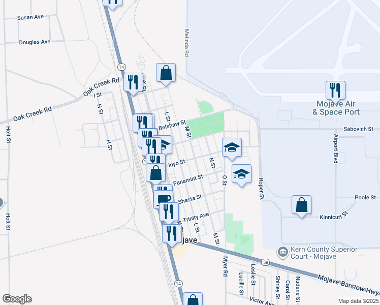map of restaurants, bars, coffee shops, grocery stores, and more near 15923 M Street in Mojave