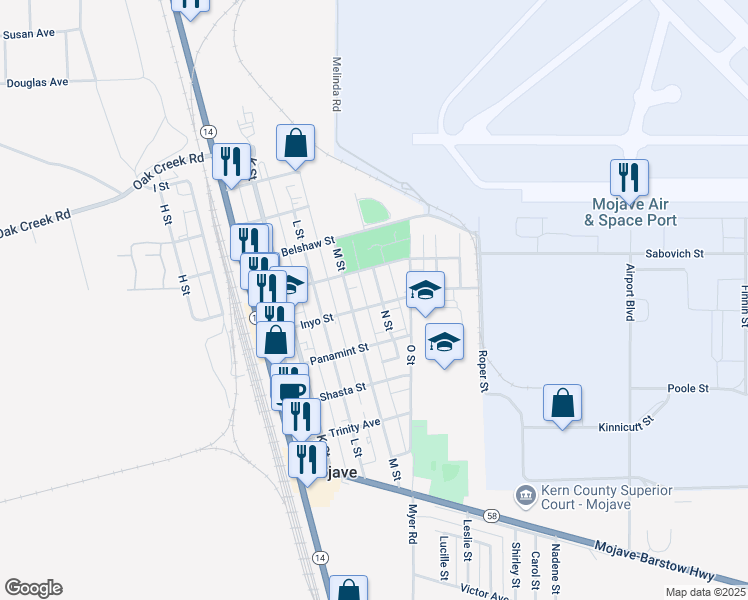 map of restaurants, bars, coffee shops, grocery stores, and more near 2069 Inyo Street in Mojave