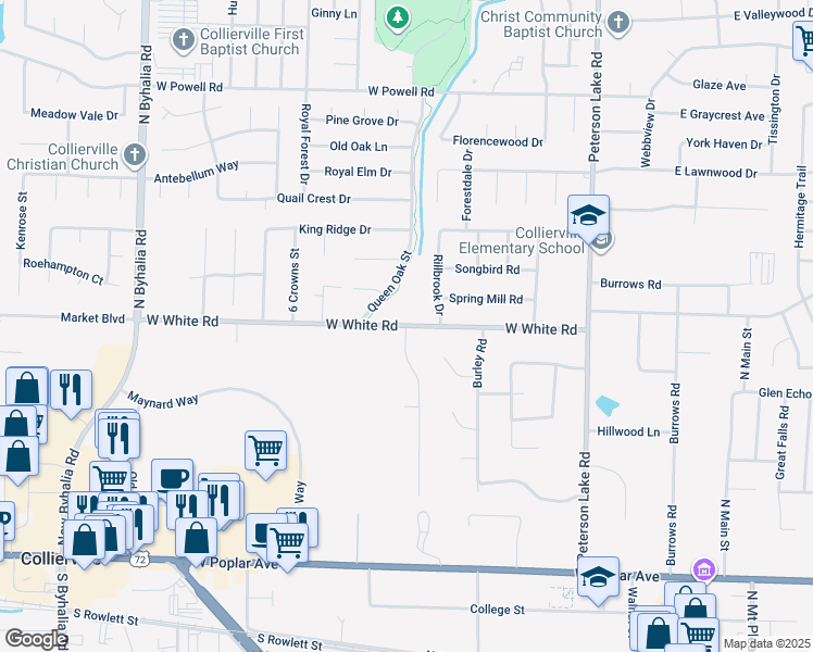 map of restaurants, bars, coffee shops, grocery stores, and more near West White Road in Collierville