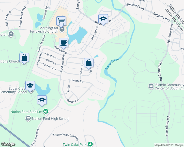 map of restaurants, bars, coffee shops, grocery stores, and more near 7135 Meyer Road in Fort Mill