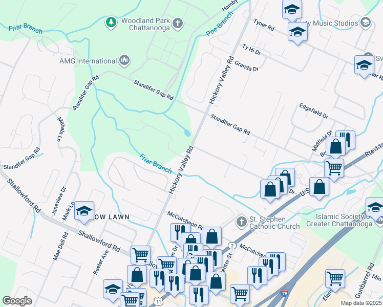 map of restaurants, bars, coffee shops, grocery stores, and more near 2462 Hickory Valley Road in Chattanooga