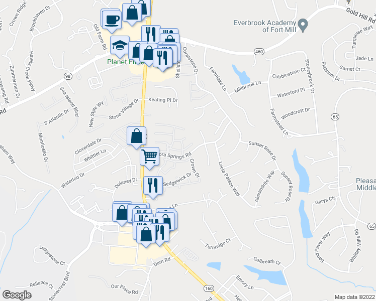 map of restaurants, bars, coffee shops, grocery stores, and more near 216 Dawn Mist Lane in Fort Mill