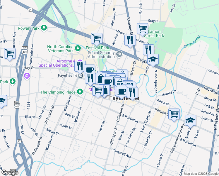 map of restaurants, bars, coffee shops, grocery stores, and more near 234 Hay Street in Fayetteville