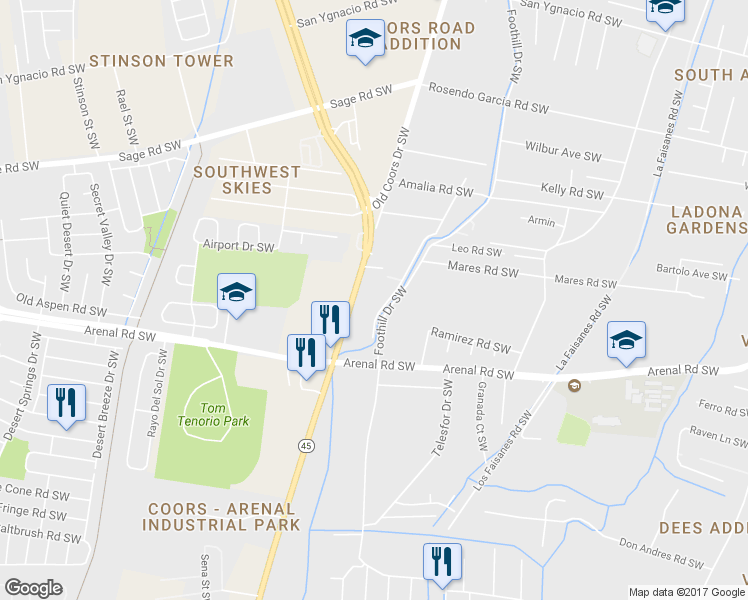 map of restaurants, bars, coffee shops, grocery stores, and more near 3914 Foothill Drive Southwest in Albuquerque