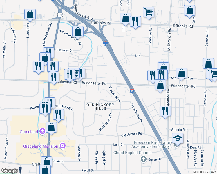 map of restaurants, bars, coffee shops, grocery stores, and more near 3475 Graceland Drive in Memphis
