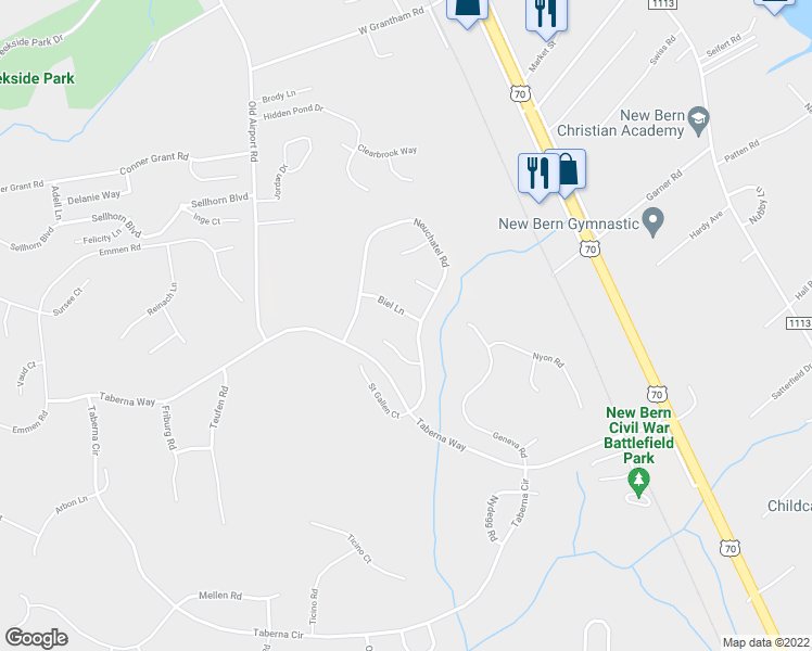 map of restaurants, bars, coffee shops, grocery stores, and more near 103 Biel Lane in New Bern