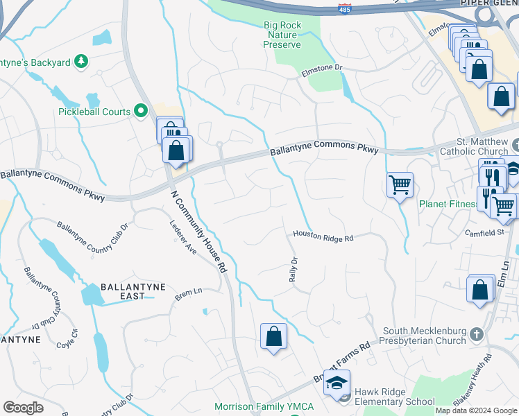 map of restaurants, bars, coffee shops, grocery stores, and more near 9220 Whispering Wind Drive in Charlotte