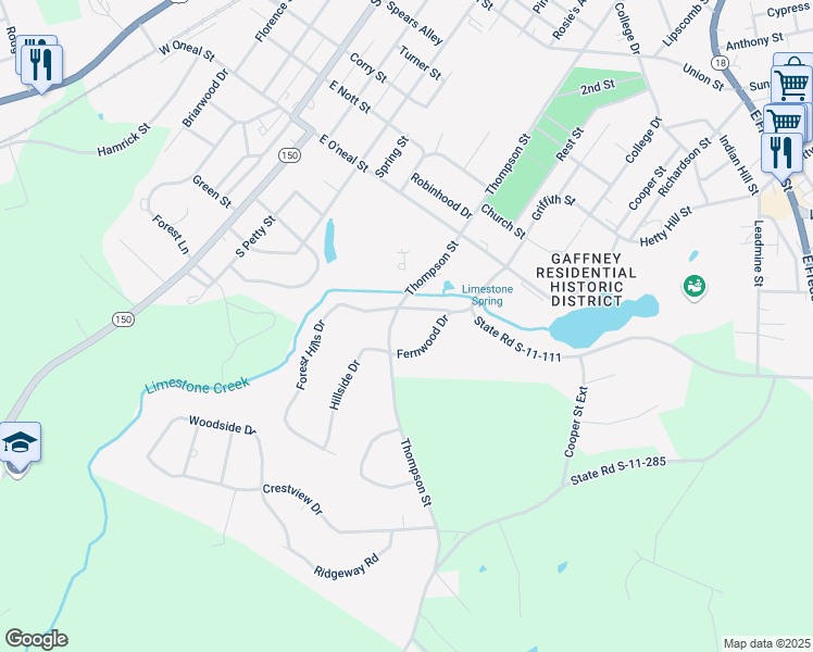 map of restaurants, bars, coffee shops, grocery stores, and more near 104 Fernwood Drive in Gaffney