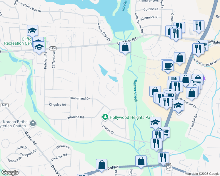 map of restaurants, bars, coffee shops, grocery stores, and more near 3140 Wisteria Lane in Fayetteville