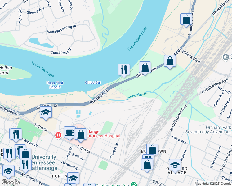 map of restaurants, bars, coffee shops, grocery stores, and more near 950 Riverside Drive in Chattanooga