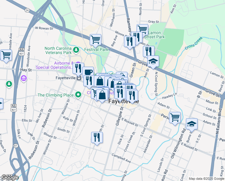 map of restaurants, bars, coffee shops, grocery stores, and more near 230 Hay Street in Fayetteville