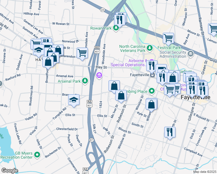 map of restaurants, bars, coffee shops, grocery stores, and more near 212 Fountainhead Lane in Fayetteville