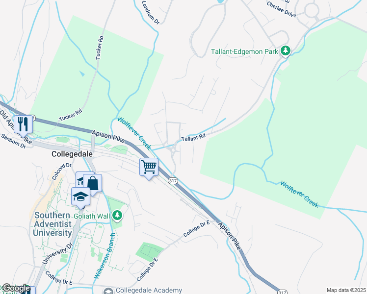 map of restaurants, bars, coffee shops, grocery stores, and more near 5234 Asher Lane in Collegedale