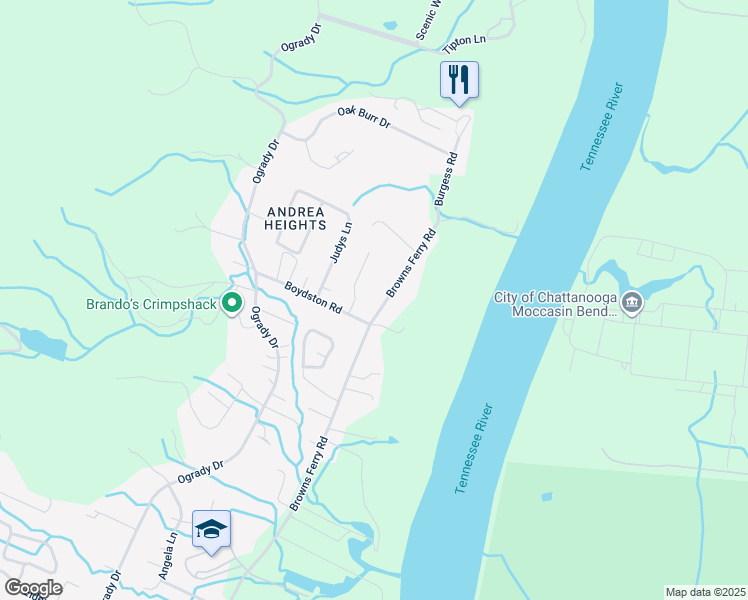 map of restaurants, bars, coffee shops, grocery stores, and more near 1213 Browns Ferry Road in Chattanooga