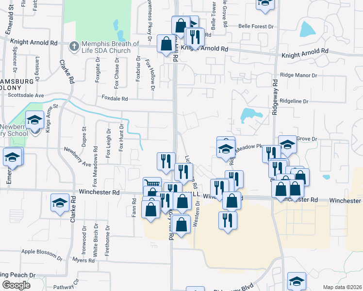 map of restaurants, bars, coffee shops, grocery stores, and more near 3483 Lichterman Road in Memphis