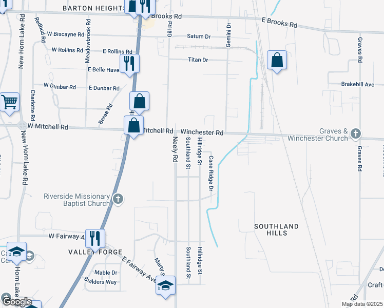 map of restaurants, bars, coffee shops, grocery stores, and more near 3483 Southland Street in Memphis