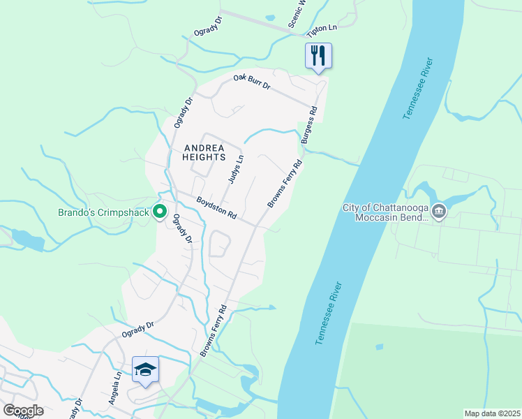 map of restaurants, bars, coffee shops, grocery stores, and more near 1213 Browns Ferry Road in Chattanooga