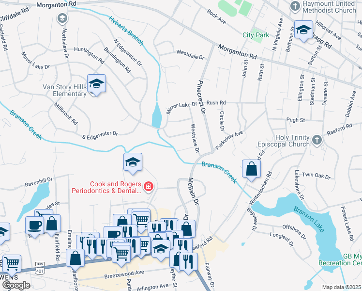 map of restaurants, bars, coffee shops, grocery stores, and more near 2220 Westhaven Drive in Fayetteville
