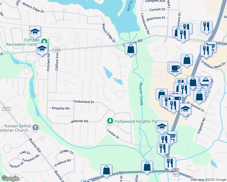 map of restaurants, bars, coffee shops, grocery stores, and more near 3140 Wisteria Lane in Fayetteville