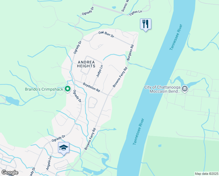 map of restaurants, bars, coffee shops, grocery stores, and more near 1213 Browns Ferry Road in Chattanooga
