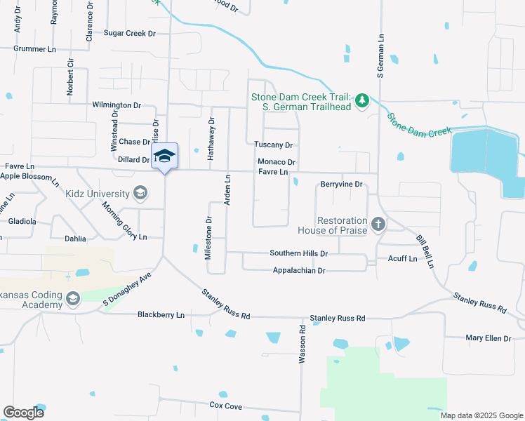 map of restaurants, bars, coffee shops, grocery stores, and more near 1614 Greenwood Circle in Conway