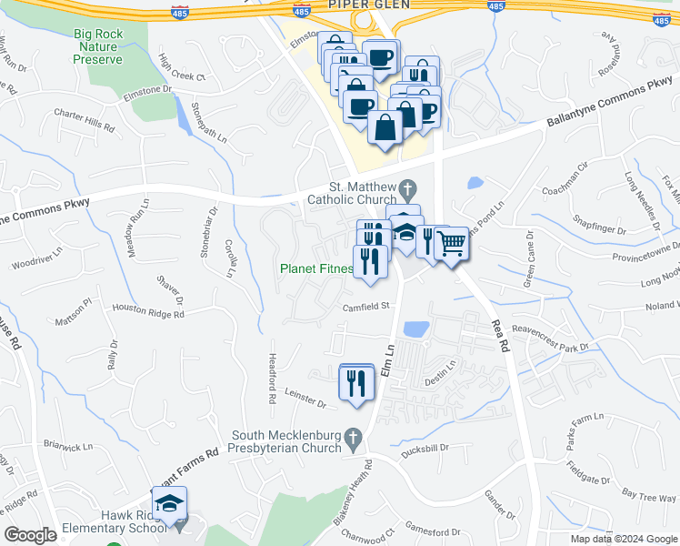 map of restaurants, bars, coffee shops, grocery stores, and more near 8218 Southgate Commons Drive in Charlotte