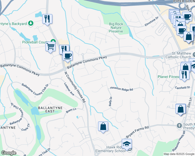 map of restaurants, bars, coffee shops, grocery stores, and more near 9220 Whispering Wind Drive in Charlotte