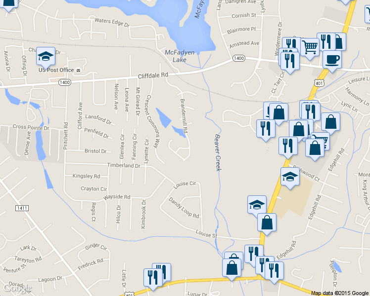 map of restaurants, bars, coffee shops, grocery stores, and more near 900 Crescent Commons Way in Fayetteville