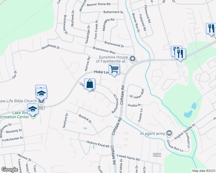 map of restaurants, bars, coffee shops, grocery stores, and more near 6698 Ludlow Place in Fayetteville