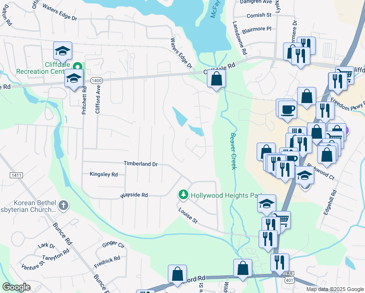 map of restaurants, bars, coffee shops, grocery stores, and more near 3149 Wisteria Lane in Fayetteville