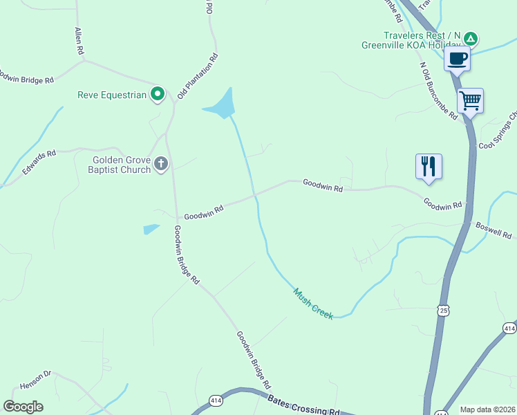 map of restaurants, bars, coffee shops, grocery stores, and more near 313 Goodwin Road in Travelers Rest