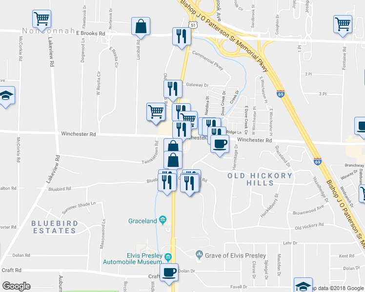 map of restaurants, bars, coffee shops, grocery stores, and more near 3490 Elvis Presley Boulevard in Memphis