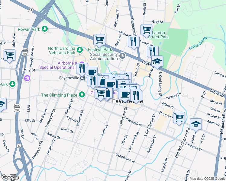 map of restaurants, bars, coffee shops, grocery stores, and more near 230 Hay Street in Fayetteville