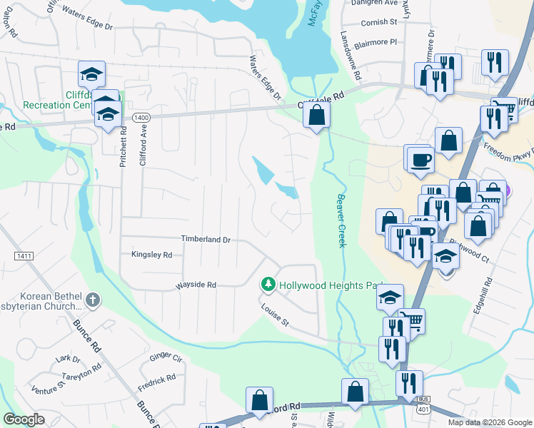 map of restaurants, bars, coffee shops, grocery stores, and more near 3139 Wisteria Lane in Fayetteville