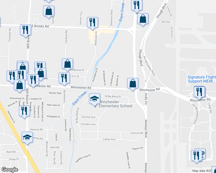 map of restaurants, bars, coffee shops, grocery stores, and more near 2050 Winchester Road in Memphis